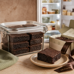 Frozen Ruth’s extra-fudgy brownies individually wrapped beside an airtight container and branded brownie gift box.