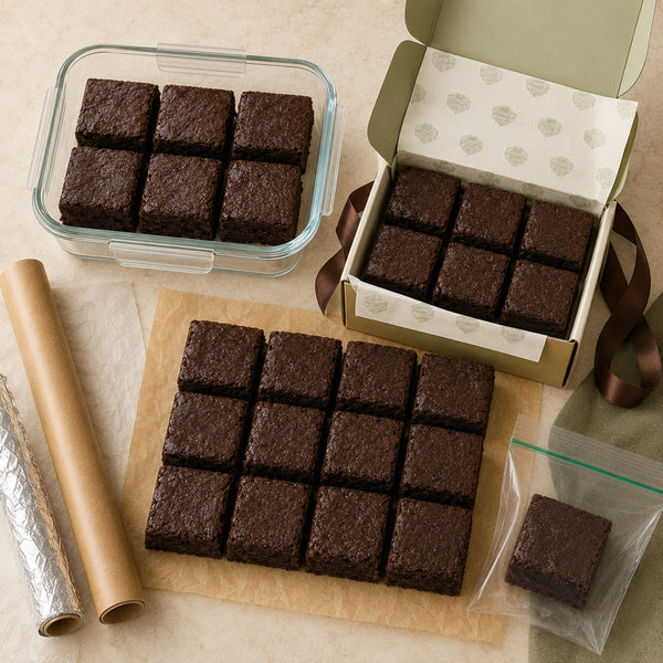 Brownie storage containers and wrapping materials compared on a kitchen counter