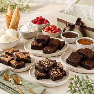 Ruth’s brownie dessert bar with extra-fudgy flavors, ice cream, berries, sauces and branded packaging