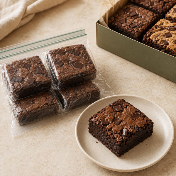Individually wrapped brownies in a labeled freezer-safe storage bag