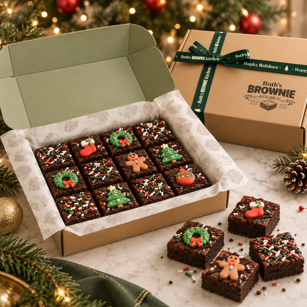Christmas brownie gift box with 12 festive brownies, custom Christmas ribbon, and gift-ready Ruth’s Brownie Kitchen packaging for corporate holiday gifting