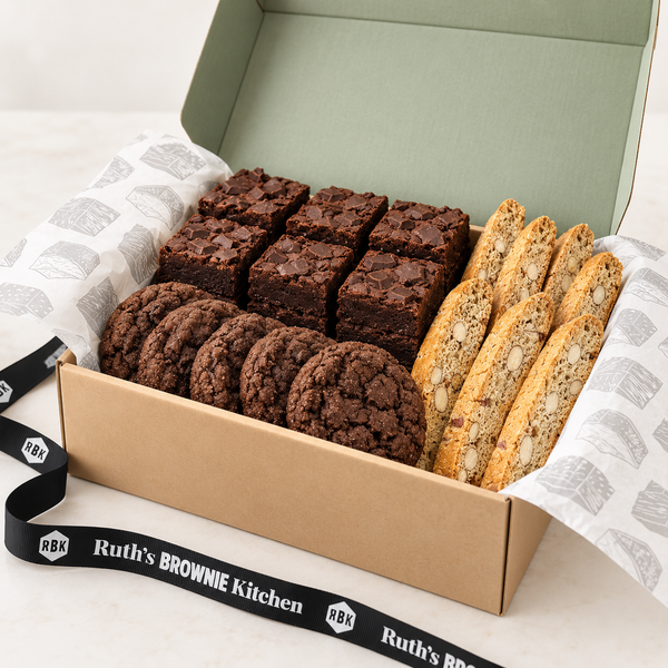 Ruth’s Build Your Own Box with chocolate chunk brownies, chocolate cookies and almond biscotti in a kraft gift box