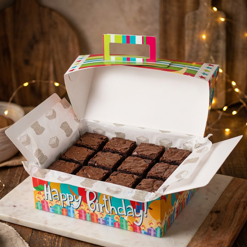 Birthday Brownie Box with festive birthday packaging