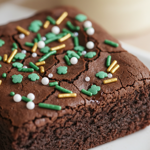 Chocolate brownie with green and gold sprinkles on a white plate st paddys day brownie
