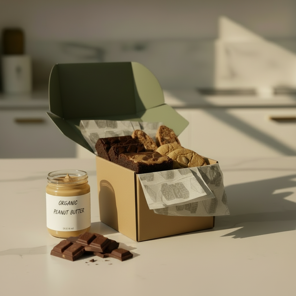 Holiday brownie gift box with premium ingredients and festive presentation