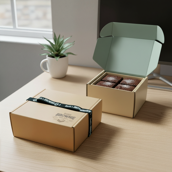 brownie gift, kraft box with ribbon, high end gifting, corporate gifting, brownies and desserts