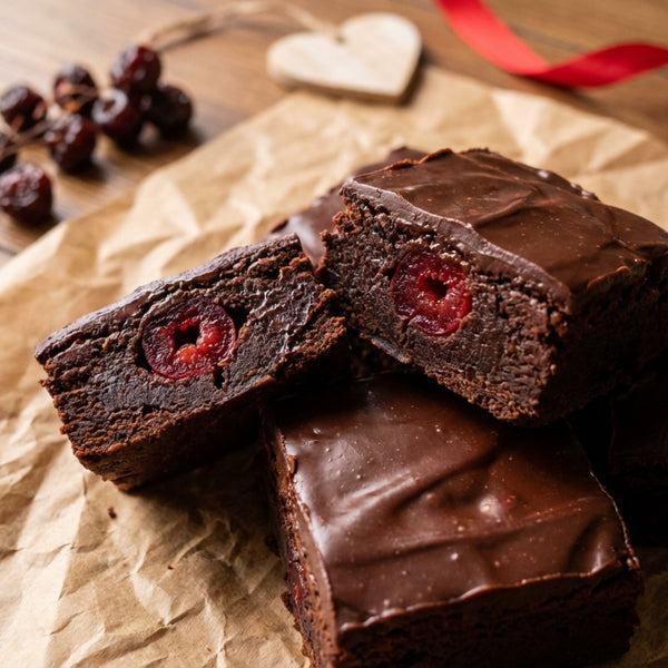 Brownies topped with glossy chocolate covered maraschino cherries, arranged on rustic kraft paper with a festive Valentine’s Day presentation.