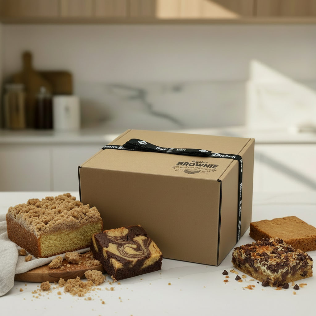 Ruth’s ribbon-wrapped kraft gift box surrounded by crumb cake, brownies, blondies, and bars