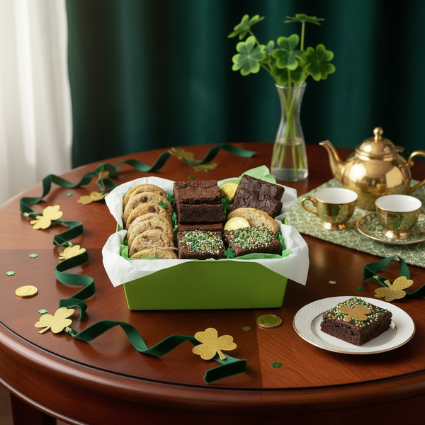 Assorted cookies and brownes in a box on a table with St. Patrick's Day decorations.