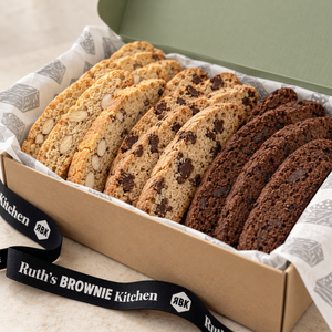 Close-up of almond, chocolate chunk and dark chocolate biscotti in Ruth’s custom biscotti gift box