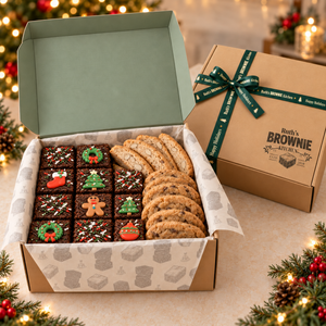 Ruth’s Christmas Dessert Gift Box with 12 holiday brownies, 6 cookies and 6 biscotti in kraft gift packaging