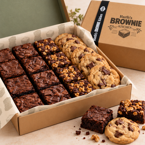 Ruth's Brownie Kitchen gluten-free brownie and cookie gift box with 3 brownie varieties and chocolate chunk cookies, kraft gift packaging and branded brownie-print tissue