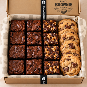 Overhead view of assorted gluten-free brownies and chocolate chunk cookies nestled in Ruth's Brownie Kitchen printed brownie-pattern tissue paper