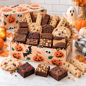Ruth's Brownie Kitchen Halloween gift box with fudgy brownies, cookies, biscotti and festive gift packaging, photo 3