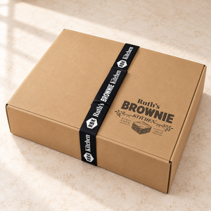 Closed Ruth’s Brownie Kitchen large kraft gift box with printed lid logo and black branded ribbon