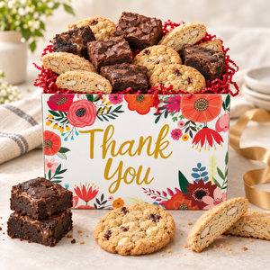 Thank you brownie and dessert gift box with fudgy brownies, chocolate chunk cookies and vanilla biscotti from Ruth’s Brownie Kitchen