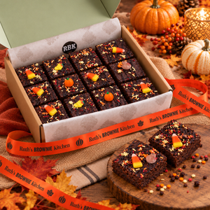 Thanksgiving brownie gift box from another angle with custom fall ribbon and seasonal packaging